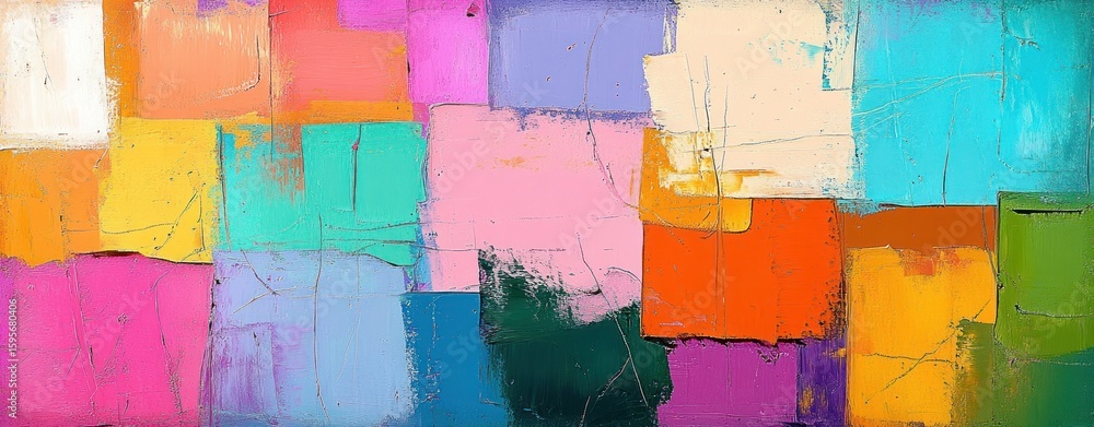 Aufkleber vivid abstract painting composed of colorful rectangles and squares with rough textured layers in pi