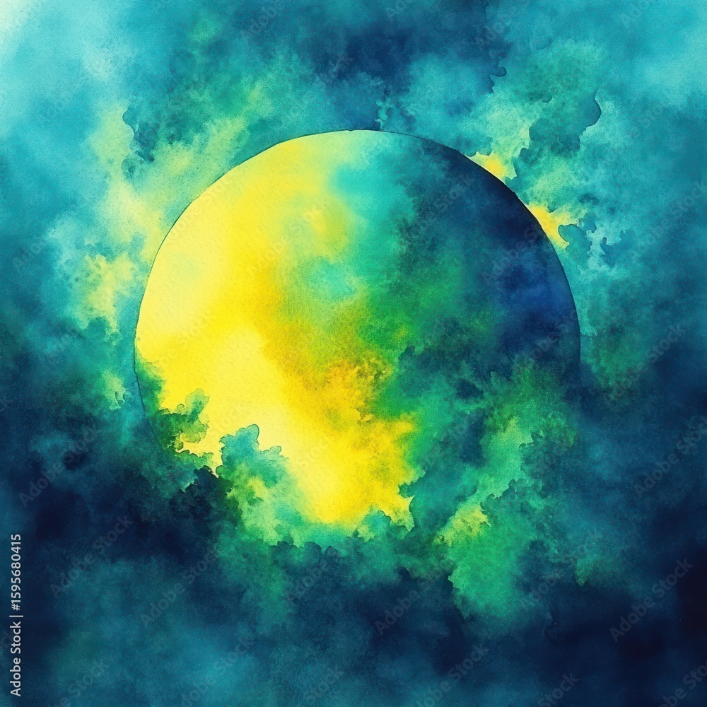 Poster abstract circular shape surrounded by swirling blue and green hues creating a mysterious and etherea