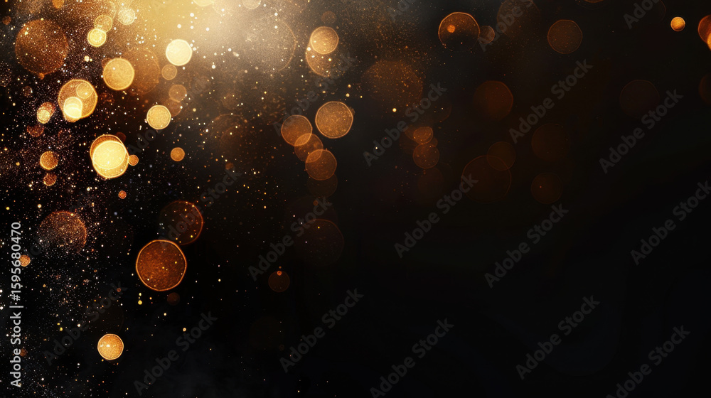 Poster abstract background with party sparkles and light, featuring golden bokeh effects against dark backd