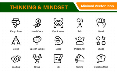 Thinking and Mindset Line Icons. Strategy, analysis, innovation, problem‑solving, rational ideas, Logic, reasoning, solutions, planning, Evaluate, solve, reason, plan with modern line‑style icons.