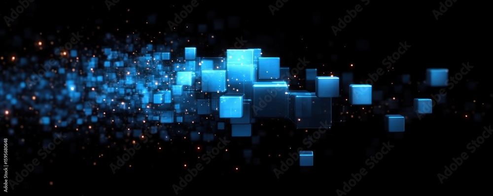 Poster glowing blue cubes forming a digital wave in dark space with scattered small light particles creatin