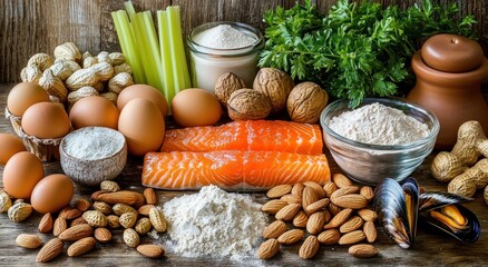 Fresh healthy ingredients including salmon fillets, eggs, almonds, walnuts, peanuts, celery, fresh parsley, flour, and shellfish arranged on wooden surface conveying nutrition and natural food