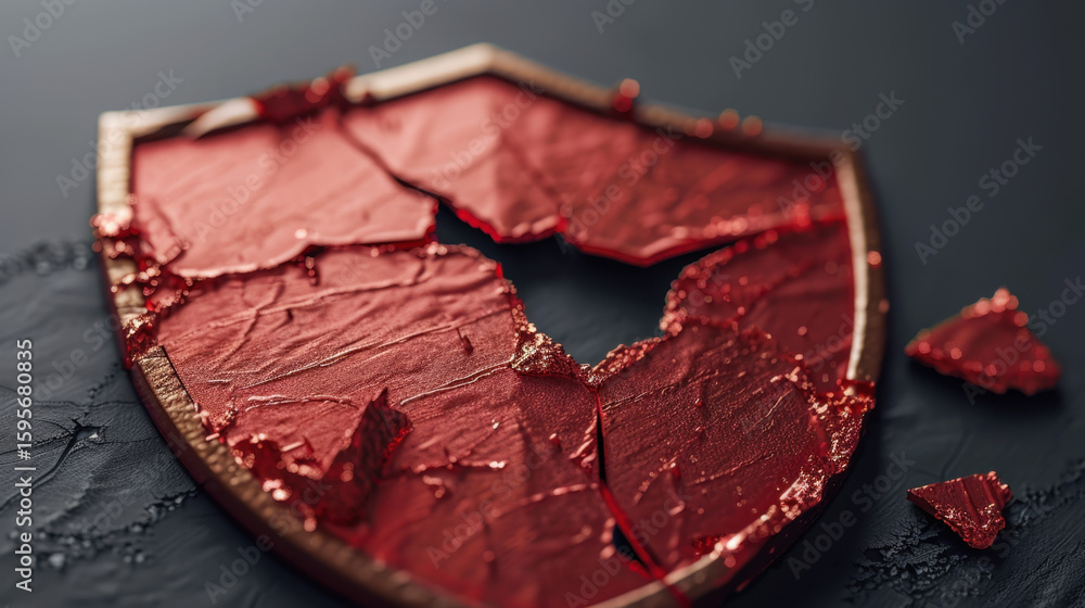 Poster broken shield symbolizes vulnerability and concept of data breach, showcasing striking red color wit