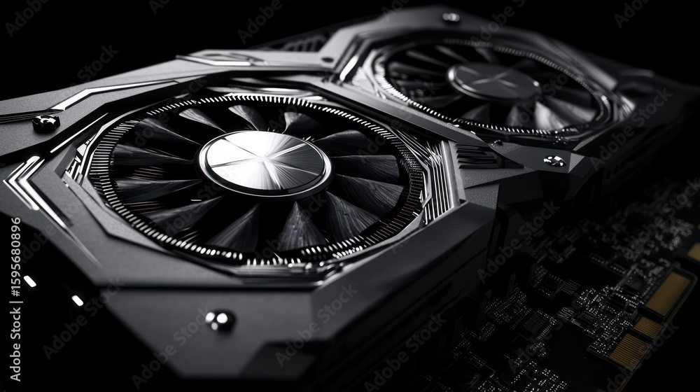 Poster close-up view of a modern high-performance computer graphics card with dual large cooling fans and i