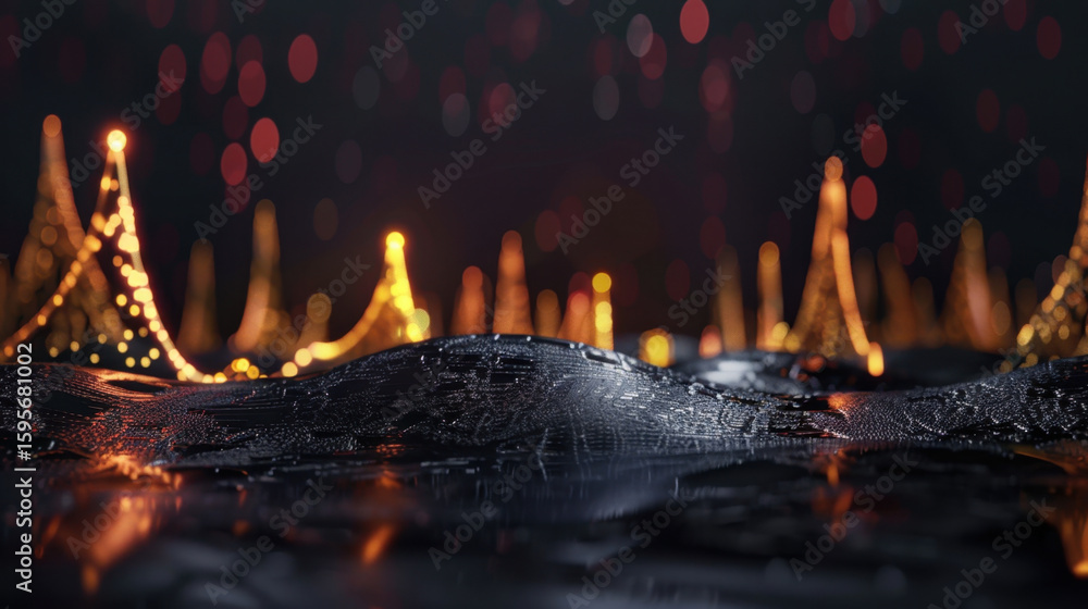 Poster abstract representation of data visualization with glowing indicators and waves, creating dynamic an