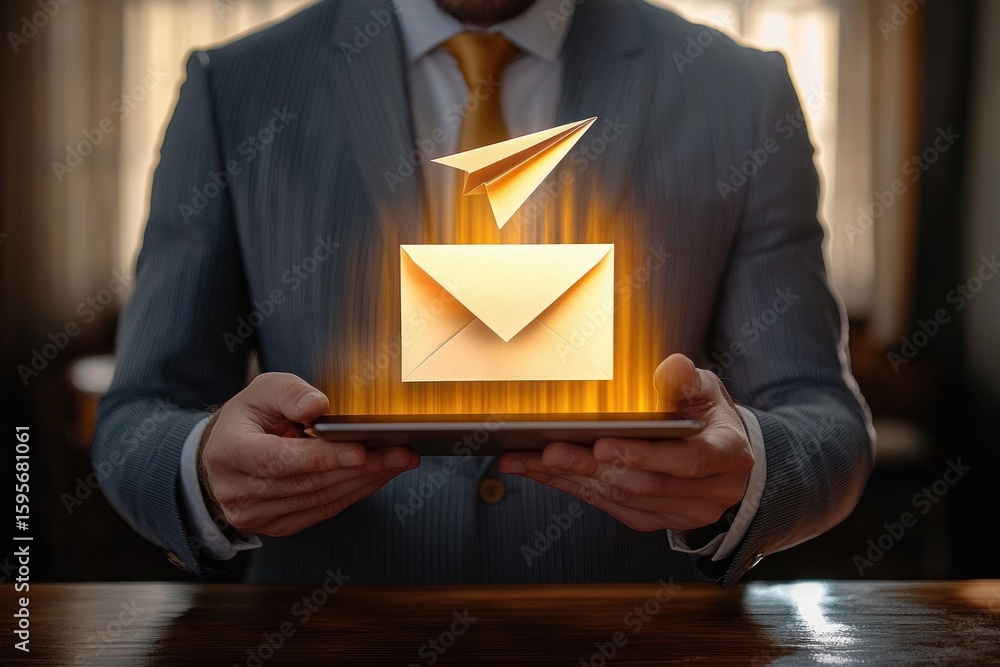 Poster person in business suit holding tablet with glowing digital envelope and paper airplane icons symbol