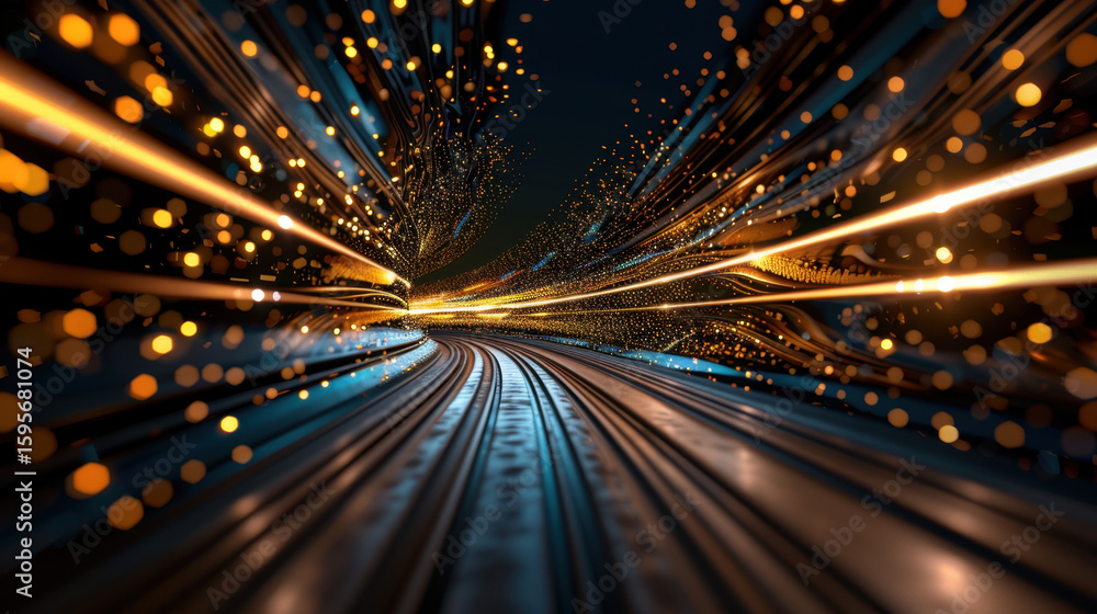 Poster abstract data streams converging into centralized flow, creating vibrant visual of light and motion.