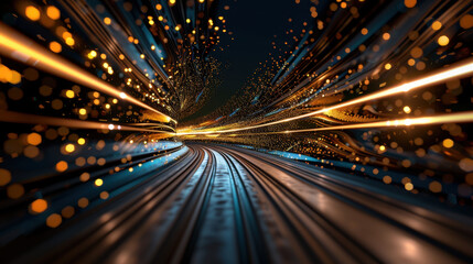 Abstract data streams converging into centralized flow, creating vibrant visual of light and motion. dynamic lines and glowing particles evoke sense of energy and innovation