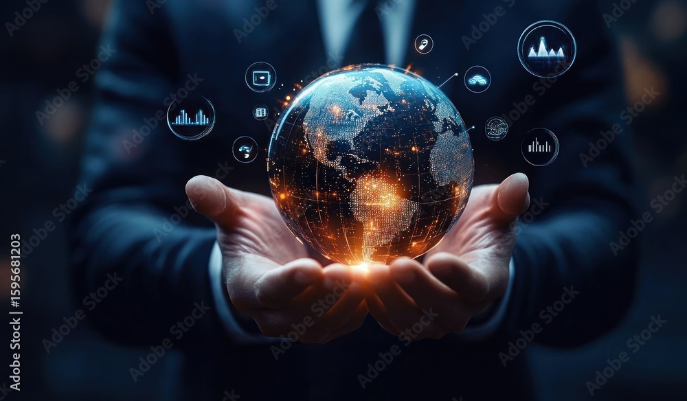 Poster person holding a digital glowing globe with illuminated continents and surrounding data icons repres