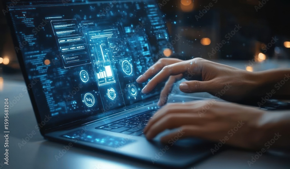 Poster hands interacting with a laptop displaying futuristic blue holographic data and technology interface