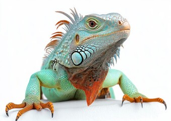 Obraz premium close-up of a colorful green and orange iguana with detailed scales and sharp claws against a white background