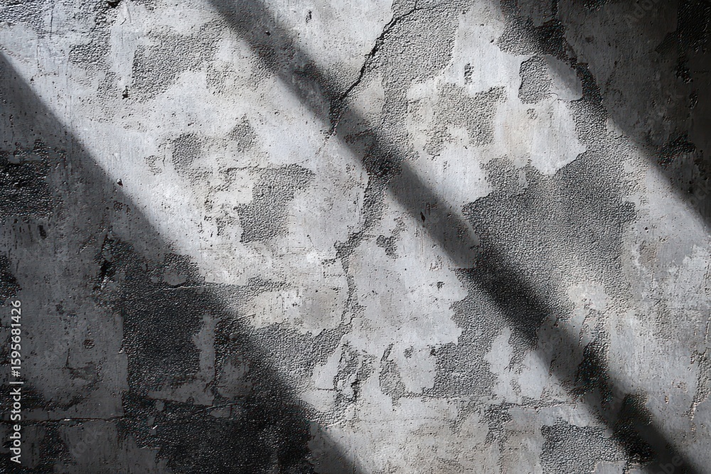 Poster textured old wall with peeling paint and visible cracks illuminated by diagonal shadows creating con