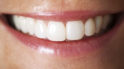 A womans bright white smile with perfect teeth and healthy pink lips