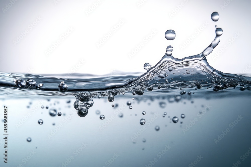 Aufkleber close-up of clear water surface with dynamic splash and rising air bubbles against a soft gradient b