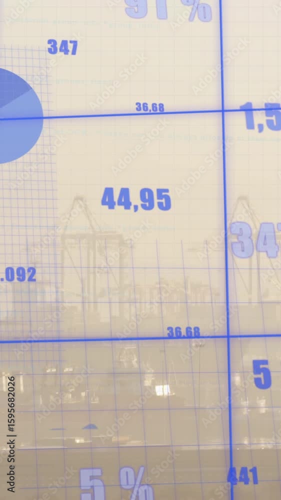 Poster animation of statistical data processing on grid network against aerial view of cityscape