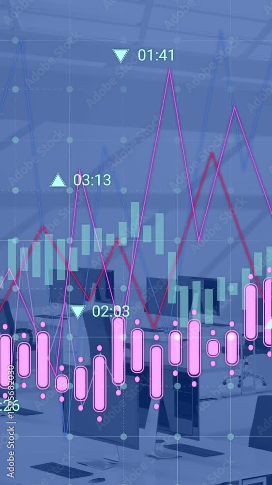 Poster animation of multiple graphs with changing numbers over unoccupied chairs and desktop in office