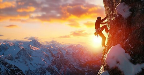 Silhouetted climber scaling a snow-covered rocky mountain at sunset with a dramatic sky and snow-covered peaks in the background, evoking determination and adventure