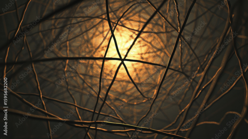 Poster abstract lines glowing faintly through dark shadows create mesmerizing visual effect, evoking sense 