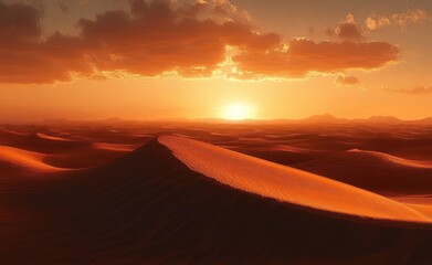 Vast desert landscape with rolling sand dunes bathed in warm golden light from setting sun under partly cloudy sky