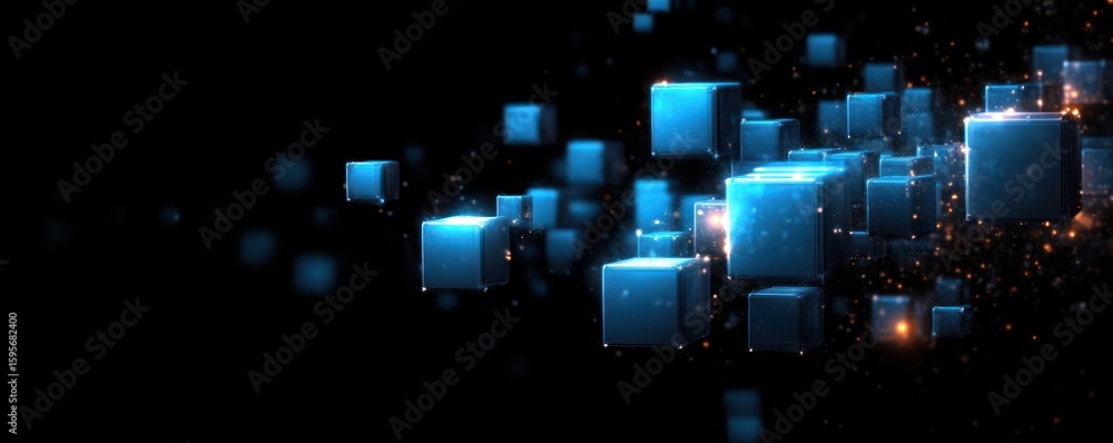Poster glowing blue digital cubes floating and dispersing in dark space with sparks and light effects creat