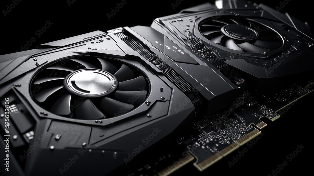 Fototapete close-up of a modern black computer graphics card with dual cooling fans and intricate circuit desig