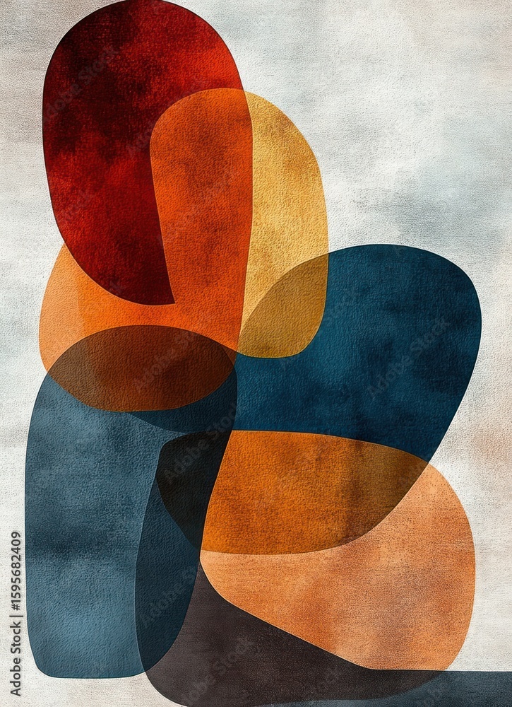 Poster abstract composition of overlapping translucent organic shapes in warm and cool tones on a textured 