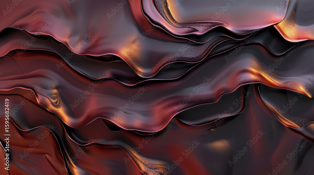 Poster abstract metallic texture with shimmering gradient, showcasing deep red and black waves that evoke s