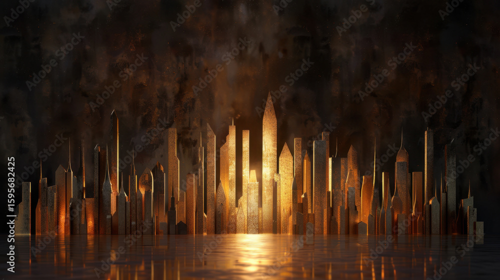 Aufkleber stunning abstract modern city skyline with glowing lights reflecting off calm surface, creating warm