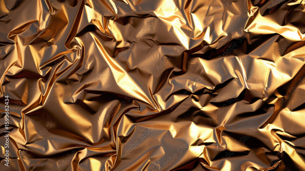 Poster crumpled metallic foil texture with shiny, reflective surface creates abstract and visually striking