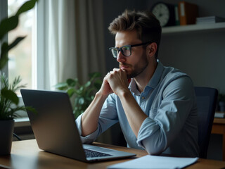 Fototapeta premium Homme concentré en télétravail réfléchissant devant son ordinateur dans un bureau lumineux et calme 