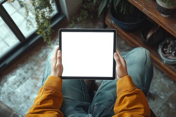 person sitting indoors near a window holding a tablet with a blank white screen wearing a mustard yellow sweater and blue jeans surrounded by plants and wooden furniture