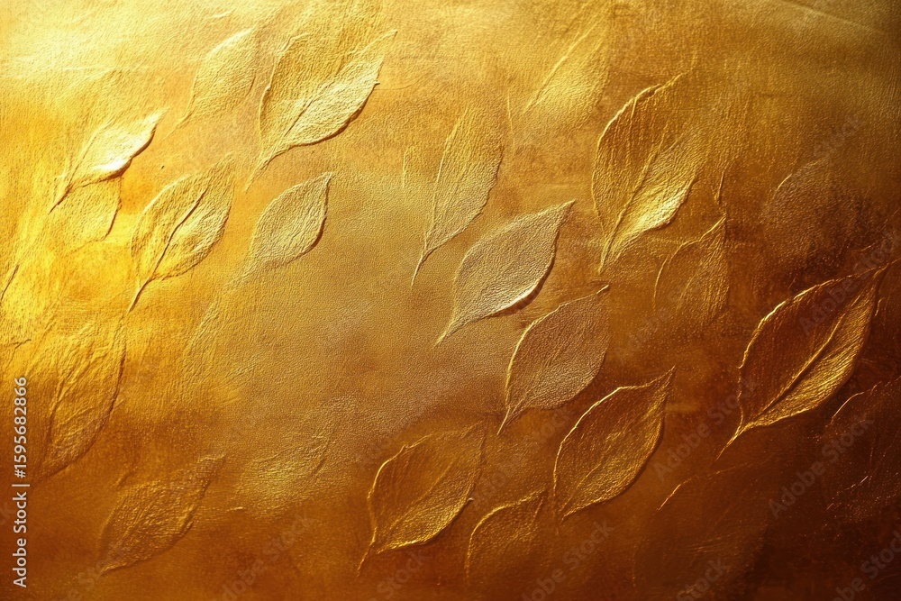 Poster golden textured surface with embossed leaf patterns creating an elegant and warm artistic background