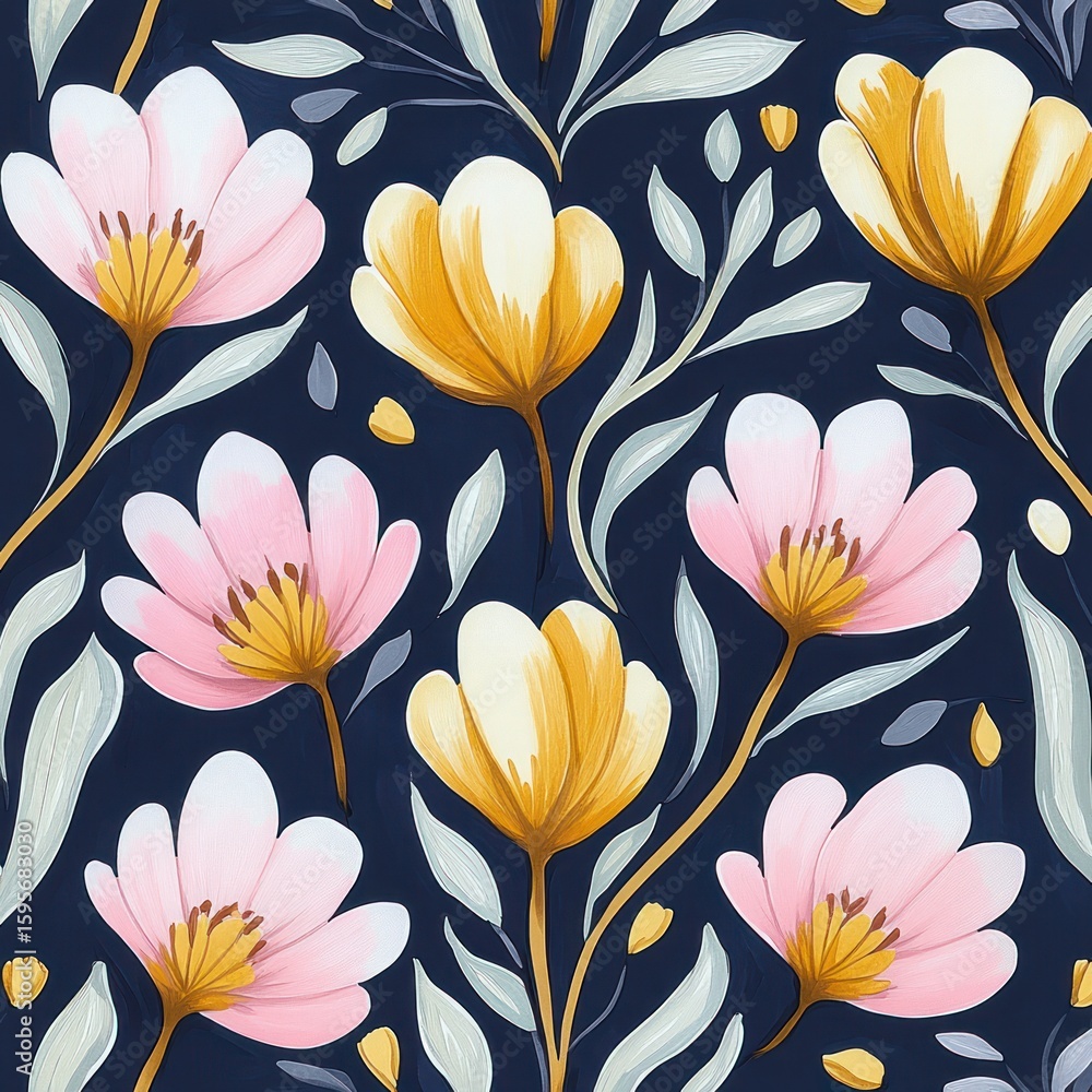 Poster pattern of pink and yellow flowers with gray leaves on a dark background creating a harmonious and c