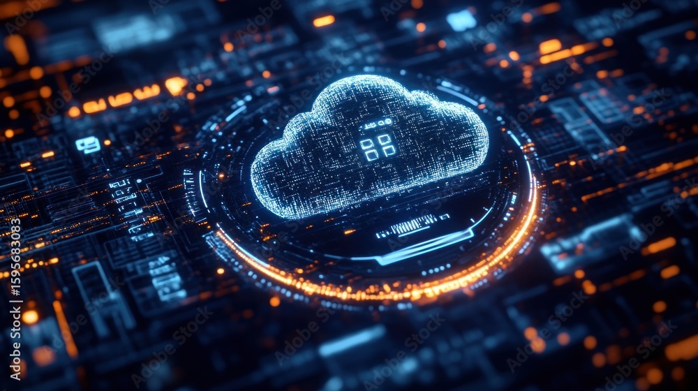Poster digital glowing cloud icon hovering over futuristic circuit board with bright blue and orange lights