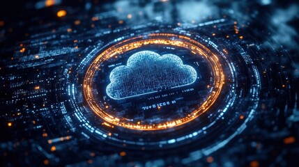 Futuristic digital cloud icon glowing blue surrounded by concentric rings of illuminated circuitry in a high-tech environment