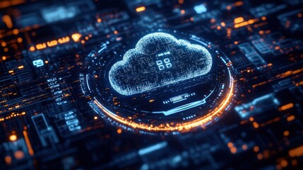 Digital glowing cloud icon hovering over futuristic circuit board with bright blue and orange lights symbolizing cloud computing technology