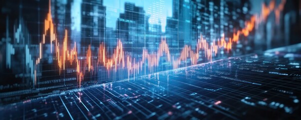 Digital financial market analytics with glowing orange line graph overlaying futuristic blue data grid and blurred city skyline background