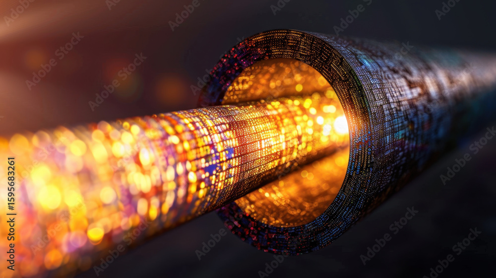 Poster abstract technology concept of big data flowing through digital tunnel, illuminated by vibrant color