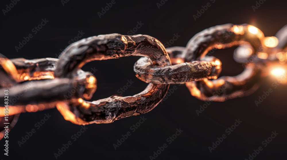 Poster close up view of metallic chain link, showcasing its intricate texture and glowing highlights that s