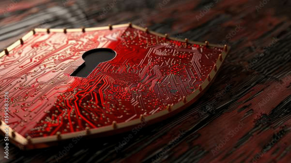 Poster vibrant red shield with intricate circuit patterns symbolizes protection against digital threats, sh