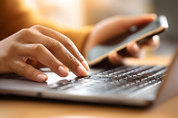 Close-up of hands using smartphone and laptop simultaneously for multitasking or online communication
