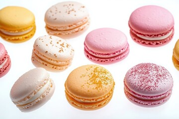 Assorted colorful macarons in pastel shades with smooth fillings and decorative sprinkles on a white background, evoking a sweet and delicate mood