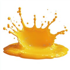 bright yellow liquid splash frozen in midair with droplets scattering widely on a white background