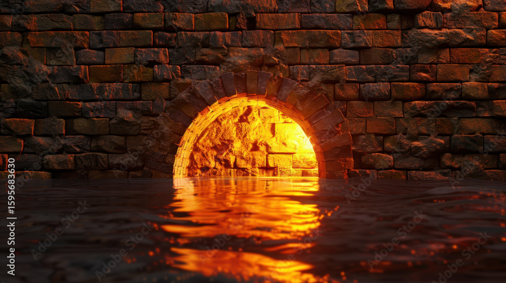 Aufkleber glowing archway emerges from stone wall, casting warm light onto water surface, creating captivating