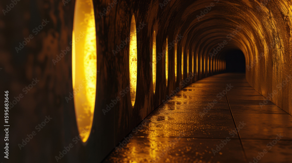 Poster captivating abstract tunnel featuring illuminated circular openings that cast warm glow against text