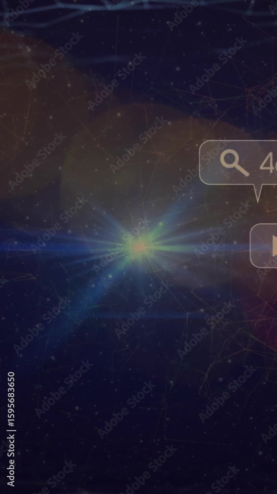 Poster animation of social media icons and data processing over lights