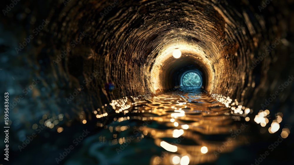 Poster captivating view of tunnel with shimmering water reflecting light, creating intriguing atmosphere. d