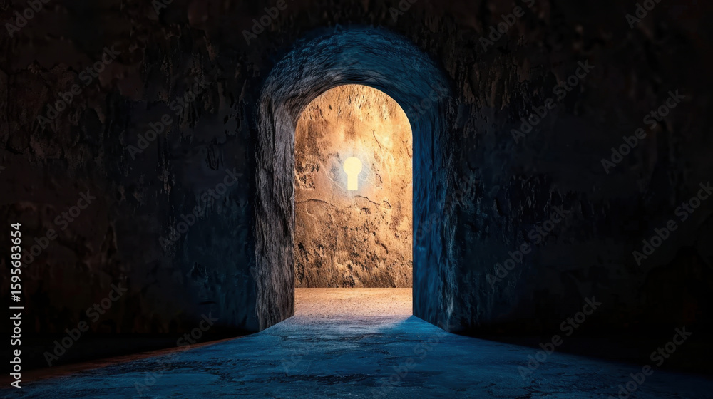 Poster mysterious tunnel with glowing keyhole illuminates stone walls, creating intriguing atmosphere. ligh