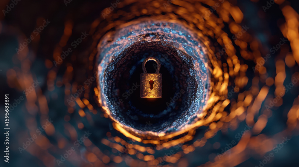 Poster close up view of padlock inside dark, abstract tunnel, symbolizing security and protection. warm ton