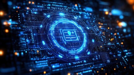 Glowing futuristic digital interface with circular holographic display and complex circuit patterns in blue light